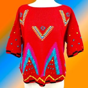 ❌SOLD❌90s Vintage Rainbow Knitted Embroidered Chevron Checked Knobby Sweater!